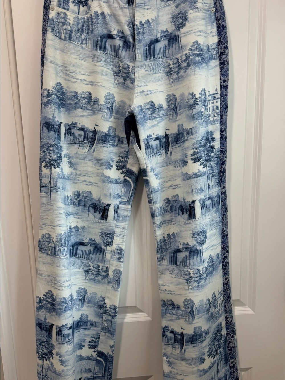 Alice + Olivia Blue and White Scenic Print Men's Trousers